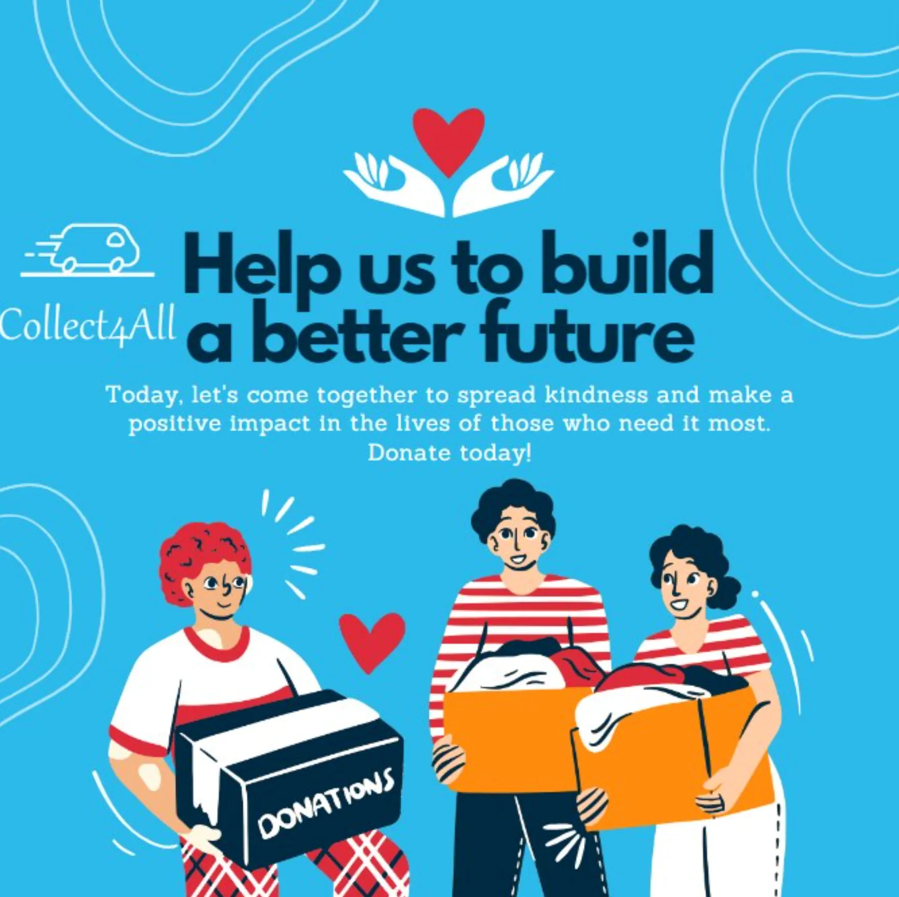 Help us to build a better future — three people carrying boxes of donated clothing
