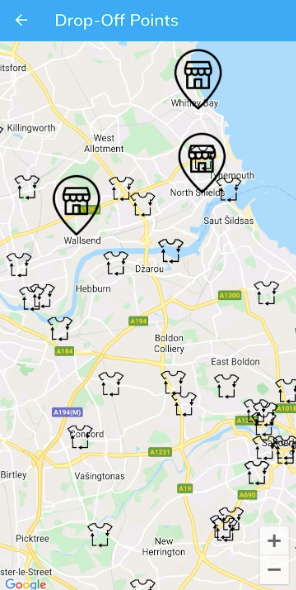 Collect4All Clothes Collection App Showing Map With Various Locations in North Shields and Tyne and Wear